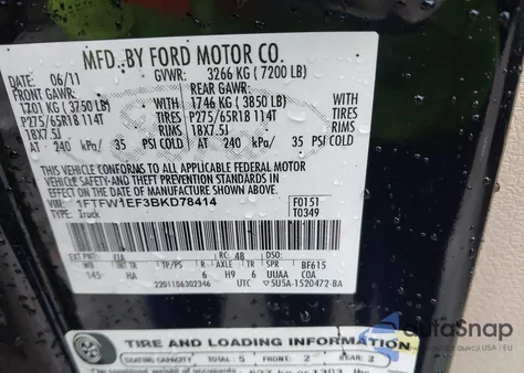 2011 Ford F-150 Lariat from USA, damaged, VIN 1FTFW1EF3BKD78414